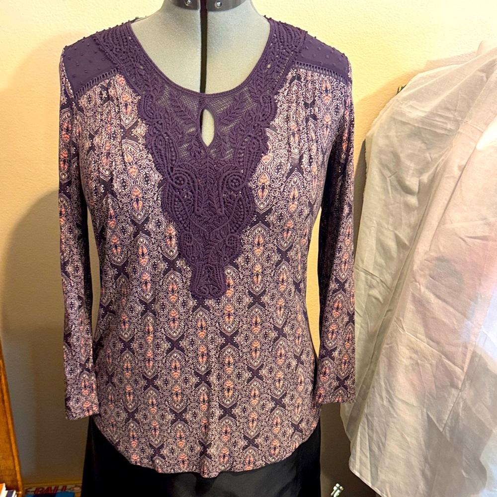 Daniel Rainn Purple Patterned Lace Blouse